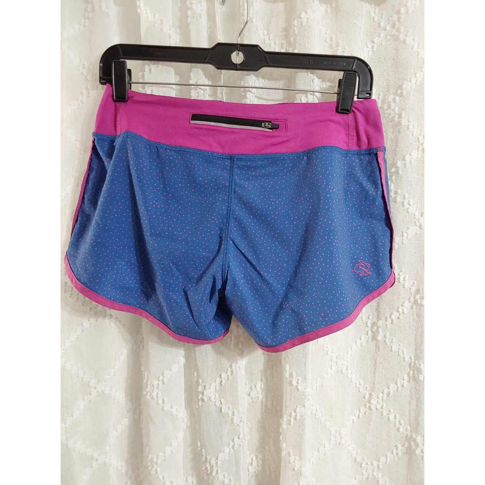 Rabbit Womens Running Shorts Blue Pink Polka Dot Back Zip Pocket Size Small